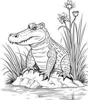 crocodile in the wild coloring page for kids vector