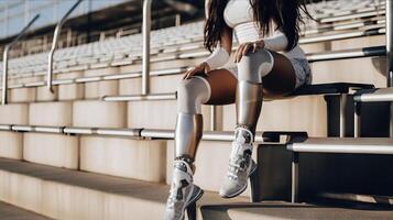 Cropped image of disabled african american sportswoman with prosthesis legs in sportswear sitting on stairs at stadium. . photo