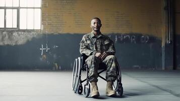 africano americano soldado en silla de ruedas en abandonado militar objeto. generativo ai. foto