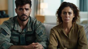 Unhappy military couple sit separate have problems in relationship think of breakup or divorce. Upset soldier man and woman family lovers in relation troubles. . photo