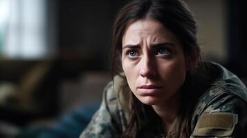 retrato de triste infeliz joven mujer en militar uniforme pensando acerca de problemas, trastornado soldado niña sensación solitario y triste, psicológico y mental nubes, sufrimiento desde guerra. generativo ai. foto