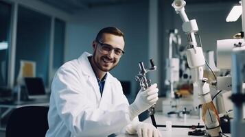 Prosthetics technician holding prosthetic leg checking it for quality and making adjustments while working in modern laboratory. . photo