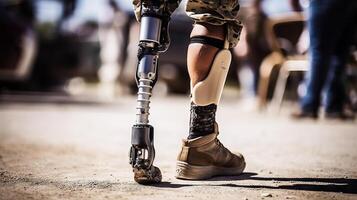 Close-up of a leg of a soldier man with a prosthetic. . photo