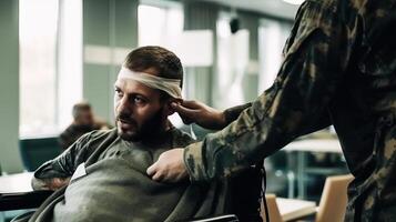 lesionado soldado con vendaje en su cabeza sentado en un silla de ruedas durante un médico examen a militar hospital. generativo ai. foto