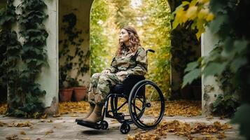 un joven mujer en un militar uniforme se sienta en un silla de ruedas en un otoño parque. perdido alegría de mujer vida. generativo ai. foto