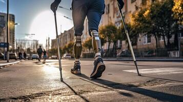 Disabled man with prosthesis legs and crutches walking on the street in city. . photo