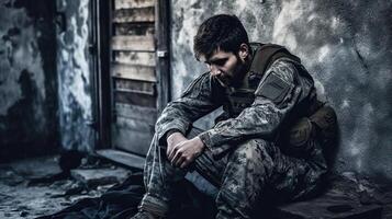 Portrait of a young soldier sitting in an abandoned building in grief due to the loss of a friend. Military pain concept.. photo