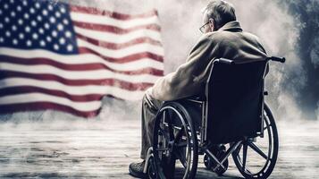 Back of elderly veteran man in a wheelchair on a background of the American flag. . photo