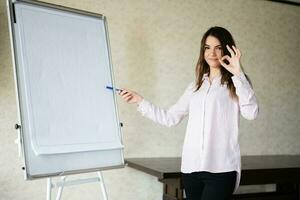 Young caucasian speaker woman coach show on white board, ok sign. Female team leader approve project ideas. photo