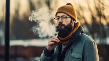 Portrait of a bearded hipster man in a hat and coat smoking electronic cigarette on the street. . photo