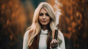 Beautiful young blonde woman smoking electronic cigarette in autumn park. Outdoor lifestyle portrait. . photo