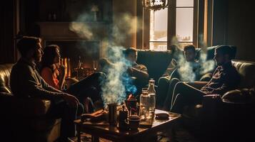 Group of drunk friends sitting on sofa and smoking at night. . photo