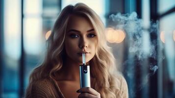 Close-up portrait of a beautiful blonde woman smoking electronic cigarette. . photo