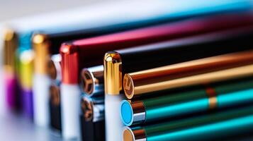 Close-up of colorful electronic cigarettes in a row. . photo