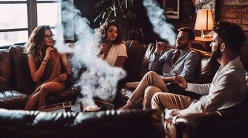 Group of young people smoking cannabis together while sitting on sofa at home. Weed legalization. . photo