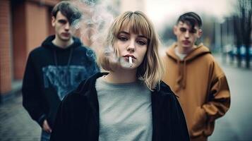 Group of teenagers smoking cigarette outdoors. Social issues between young people. . photo