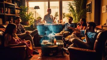 joven personas fumar canabis mientras relajante con amigos a hogar. generativo ai. foto