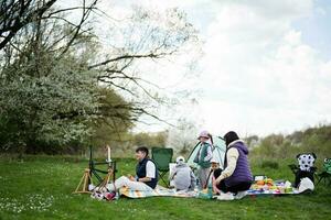 Happy young family, mother and four children having fun and enjoying outdoor on picnic blanket painting at garden spring park, relaxation. photo