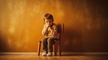 Upset problem scared child sitting on chair in emty room, stress or frustration. . photo