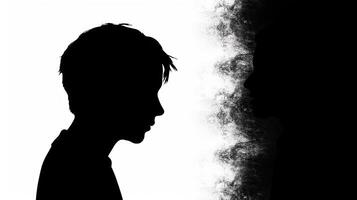 Silhouette of a boy and smoke on a white background. Teenagers and life problems. . photo