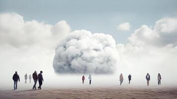 The way into the unknown. Conceptual image of group of people and clouds. Generative AI. photo