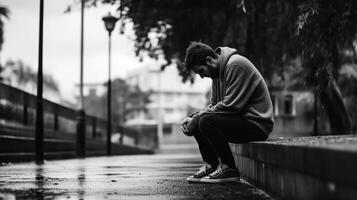 Depressed young man sitting on the street. Black and white photo. Generative AI. photo