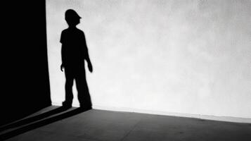 Silhouette of a boy shadow in front of a wall. Generative AI. photo