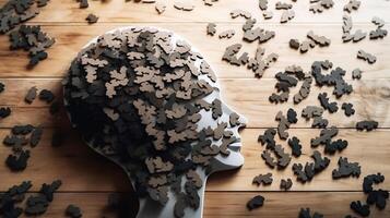 Human head made of wooden puzzle pieces background. The concept of solving puzzles. . photo