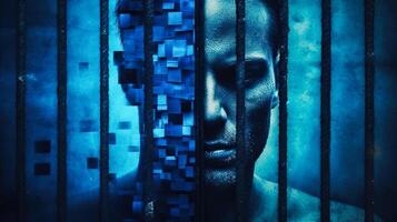 Close up portrait of a young man behind bars. Isolate him-self prisoner of his mind. . photo