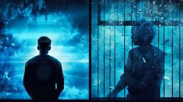 Silhouette of a man in a cage against a blue background. Free and imprisonment. . photo