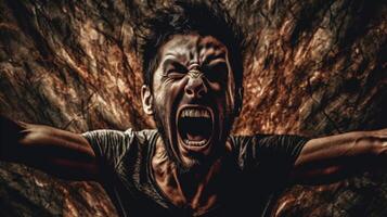 Aggressive screaming man gesturing while standing against dark background. . photo