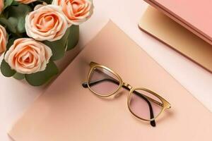 Workplace women accessories, eyeglasses, flowers. Pink flat lay. Generative AI. photo