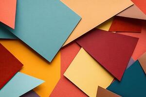 Abstract colored paper texture background. Minimal geometric shapes and lines colors flat lay. Generative AI. photo