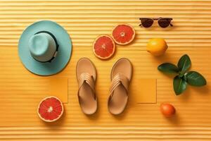 Creative summer layout, flat lay, yellow background. . photo