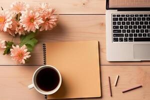 Flat lay blank paper sheet, wooden background, coffee laptop, top view with empty copy space. Generative AI. photo