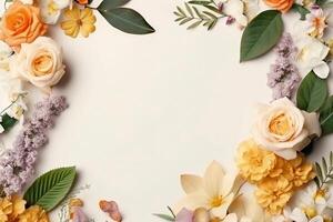 Frame with flowers, branches, leaves and petals isolated pastel background flat lay. Free copy space. . photo