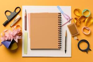 Flat lay blank paper sheet, notebooks, clips orange background. . photo