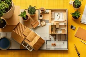 Creative architect moodboard composition with samples, yellow background flat lay. Generative AI. photo