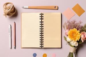 Flat lay blank paper sheet, notebooks, clips background. . photo
