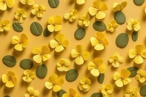 Pattern made of yellow flowers background, flat lay. . photo