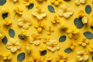 modelo hecho de amarillo flores fondo, plano poner. generativo ai. foto