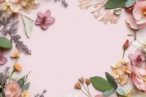 Frame with flowers, branches, leaves and petals isolated pastel background flat lay. Free copy space. . photo