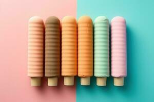 Ice cream sticks on pastel colors background, flat lay. Generative AI. photo