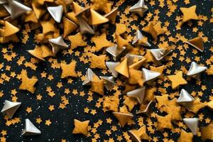 Golden star sprinkles flat lay background gold. Generative AI. photo