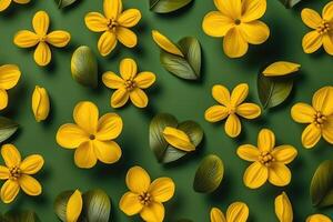Pattern made of yellow flowers background, flat lay. . photo