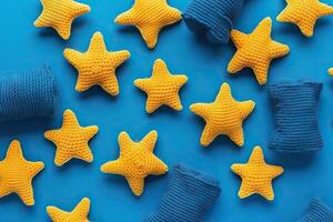 Knitted toy yellow children stars on blue background, flat lay. Generative AI. photo