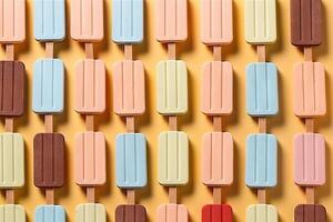Ice cream sticks on orange colors background, flat lay. . photo