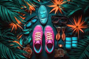 Neon light accessories items flat lay background. . photo