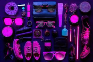 Neon light accessories items flat lay background. Generative AI. photo