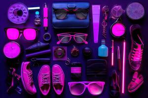 Neon light accessories items flat lay background. Generative AI. photo